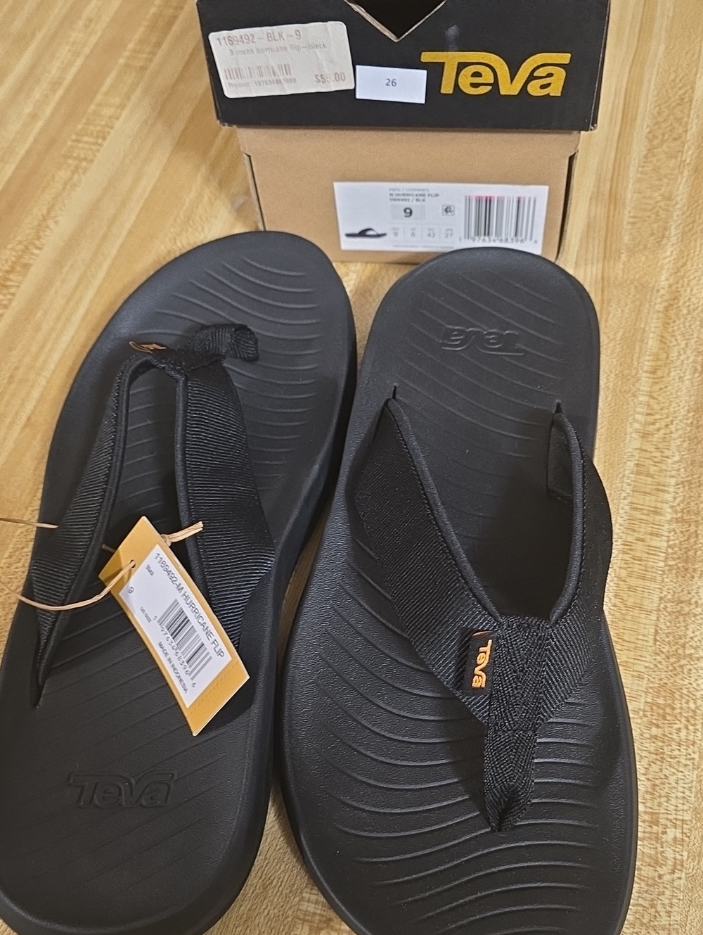 Teva Men’s Black Flip-Flop Sandals with Branded Tab Size 9